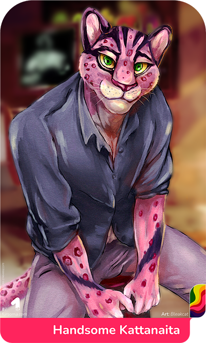 Artwork of Kattanaita, a pink jaguar, sitting on a bench in his atelier